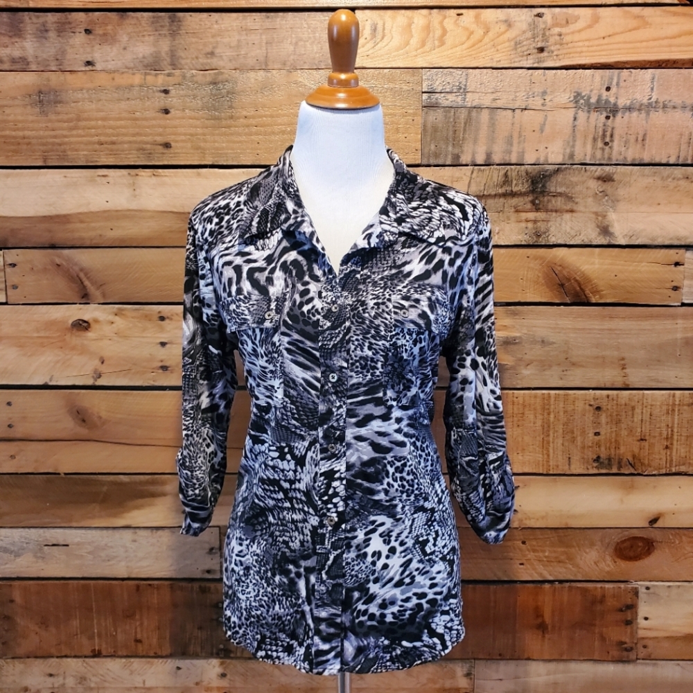 Ellen Tracey mixed animal print button down shirt in black & grey Size L